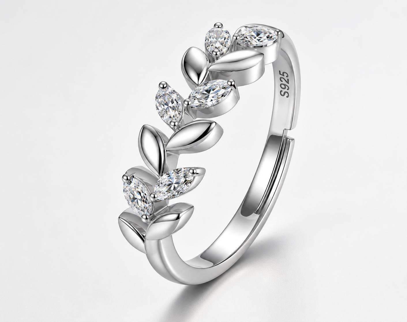 925 Sterling Silver Leaf Vine Cz Adjustable Ring - Image 2