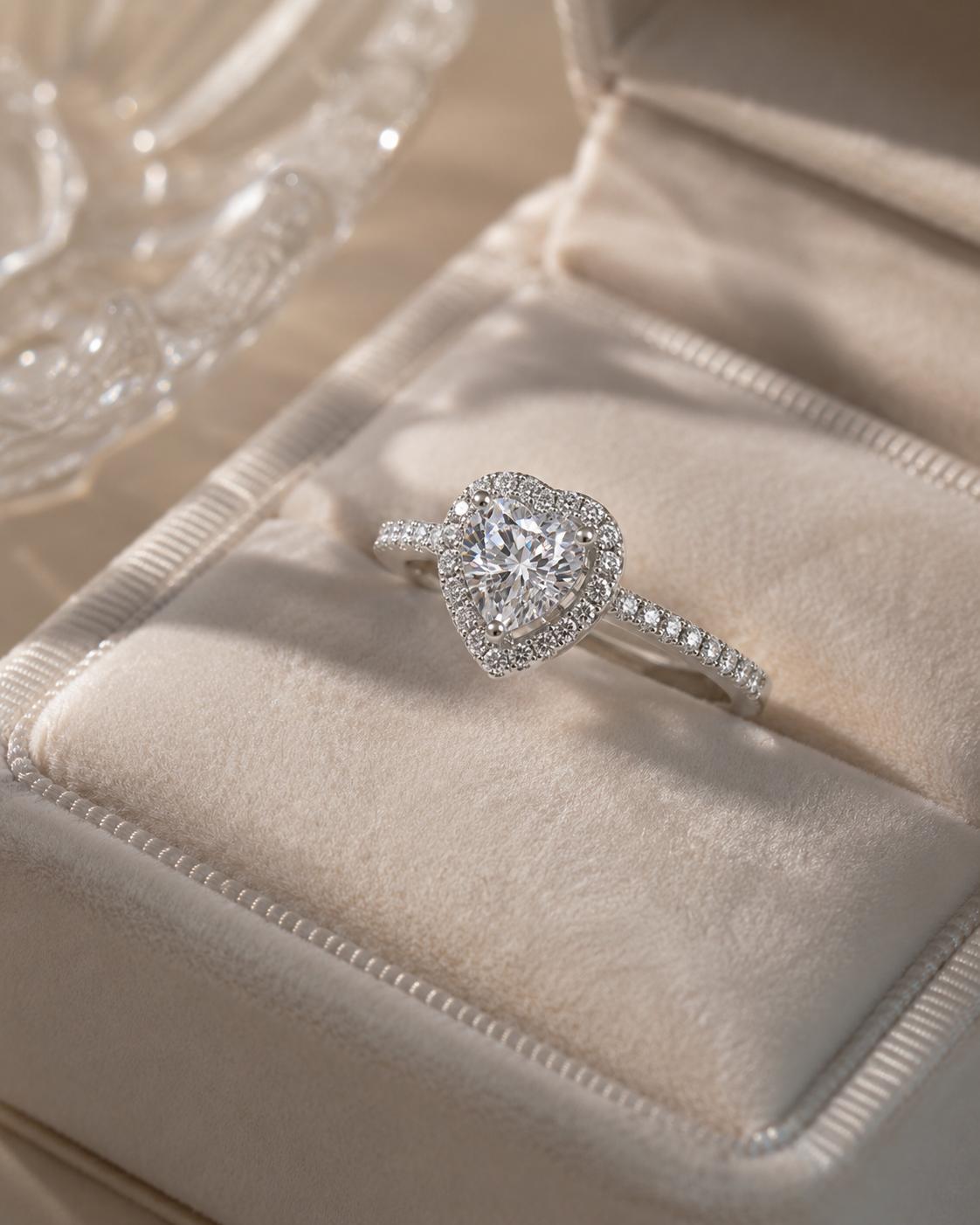 925 Sterling Silver Heart Halo Cz Adjustable Ring