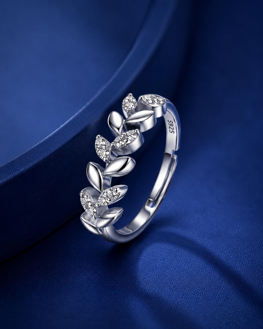 925 Sterling Silver Leaf Vine Cz Adjustable Ring