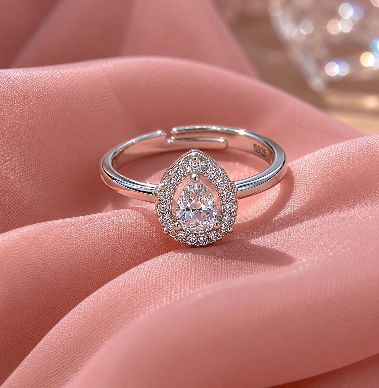 925 Sterling Silver Teardrop Halo Cz Adjustable Ring