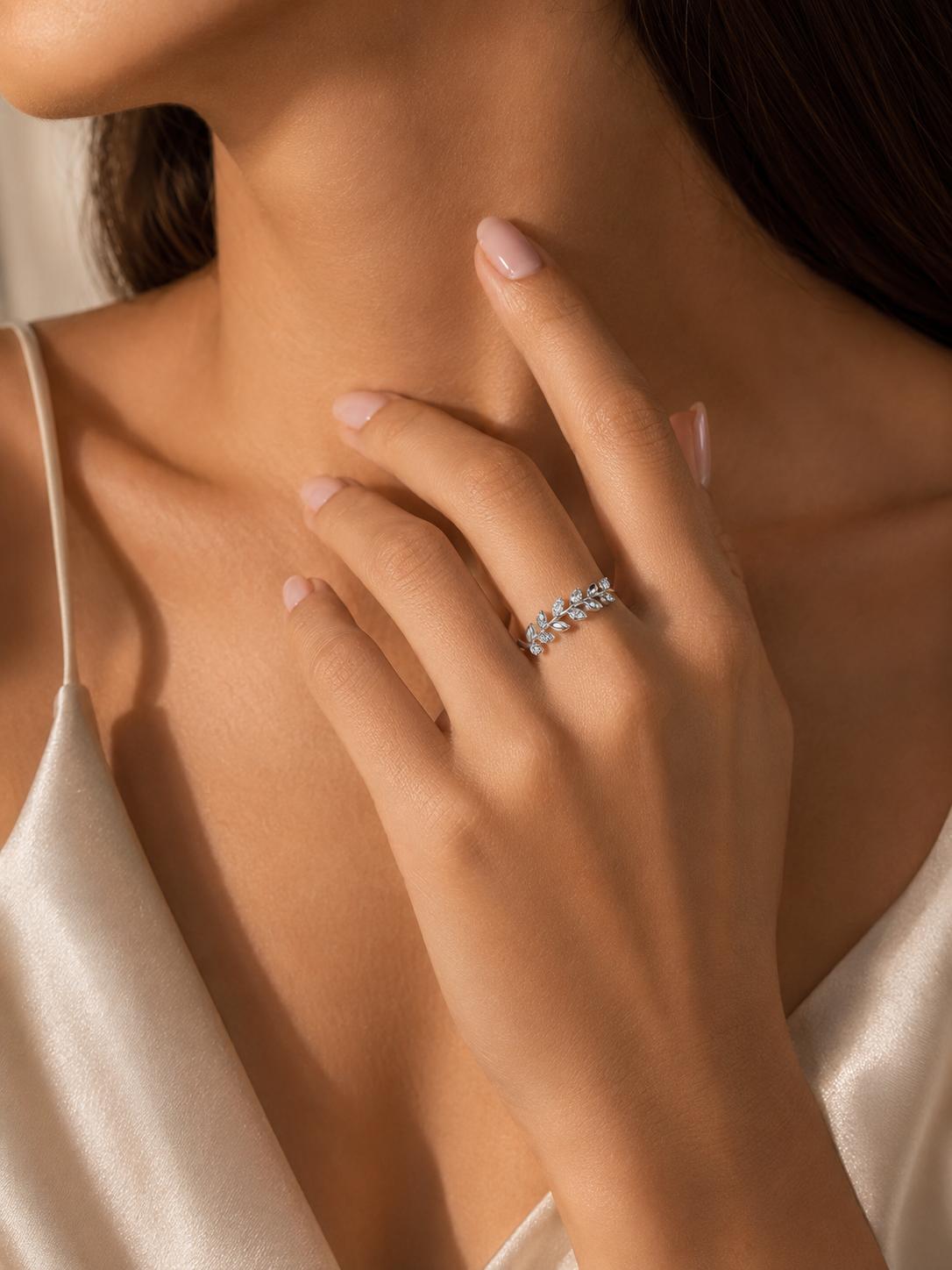 925 Sterling Silver Leaf Vine Cz Adjustable Ring - Image 3