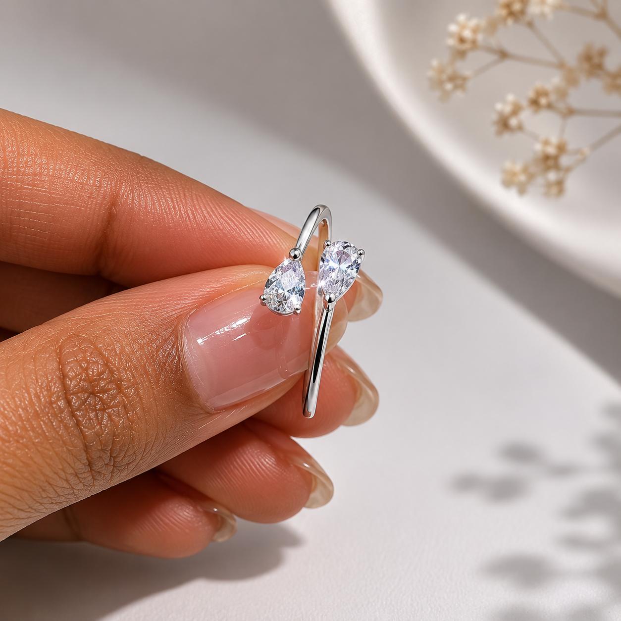 925 Sterling Silver Twin Pear Cz Open Ring - Image 5