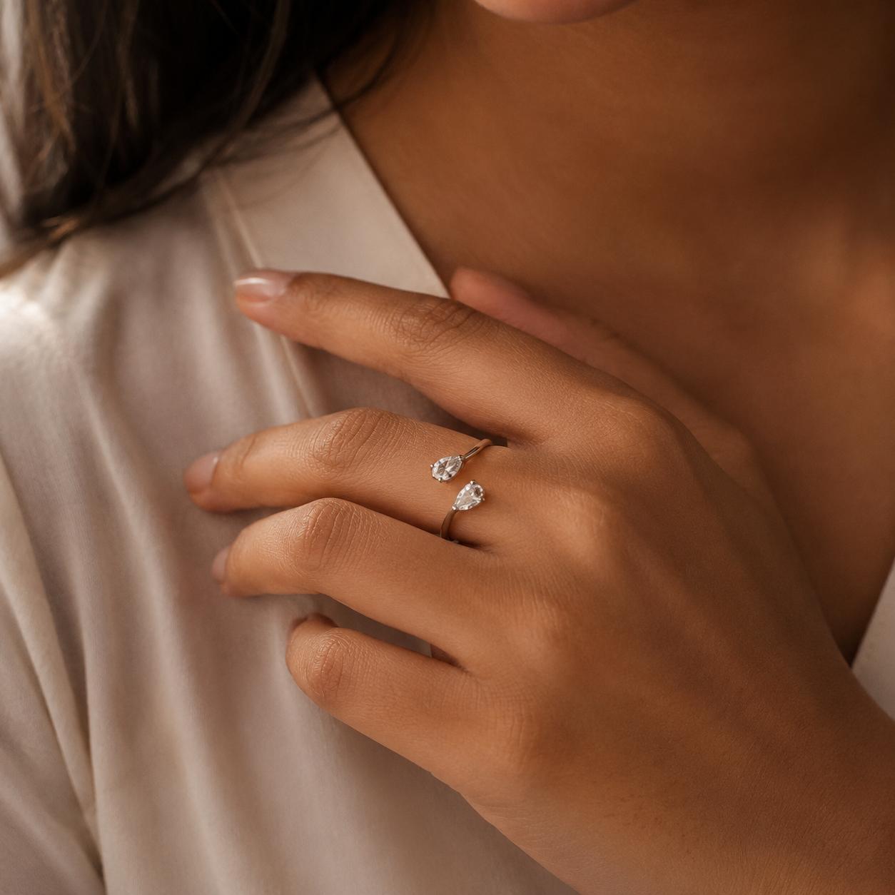 925 Sterling Silver Twin Pear Cz Open Ring - Image 3