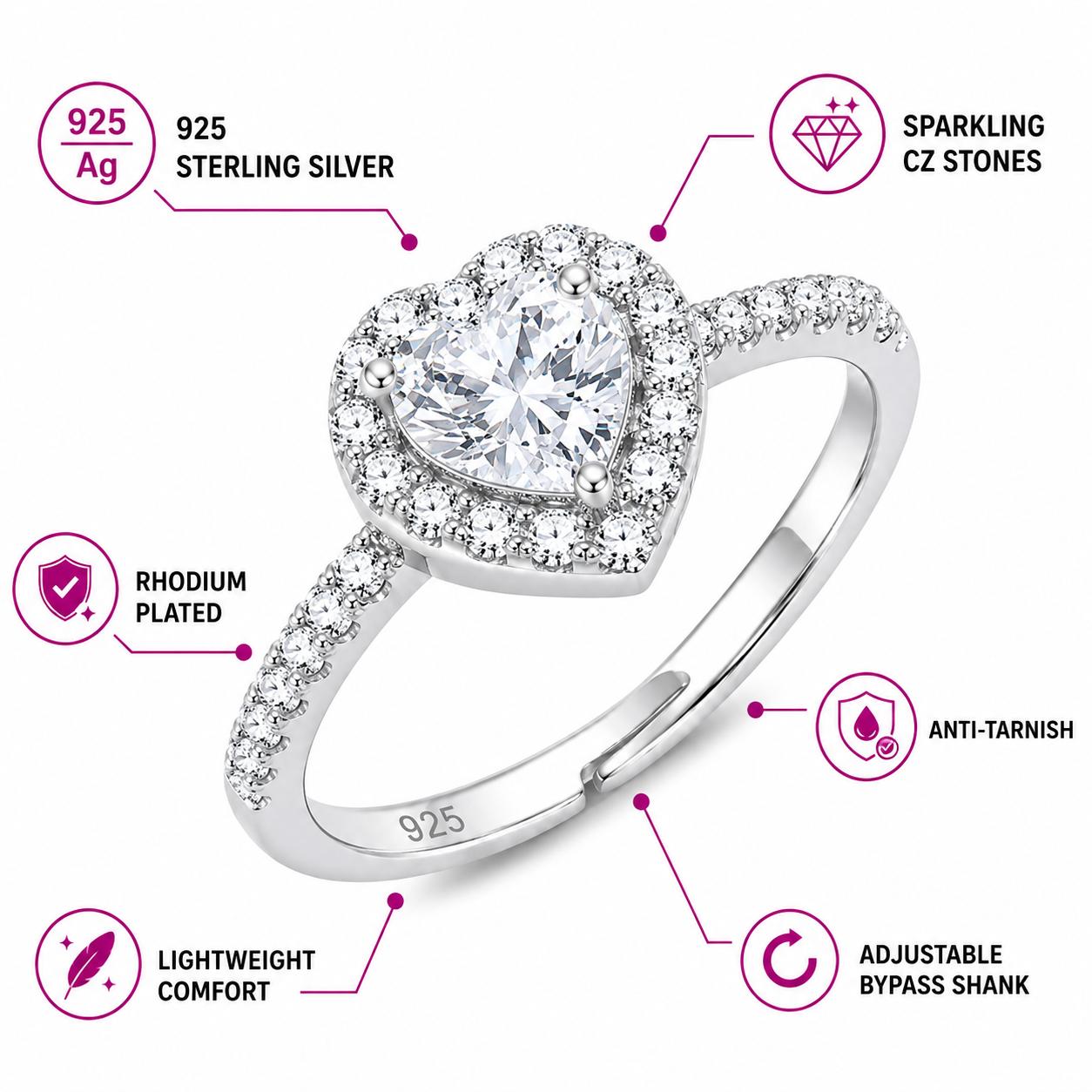 925 Sterling Silver Heart Halo Cz Adjustable Ring - Image 6