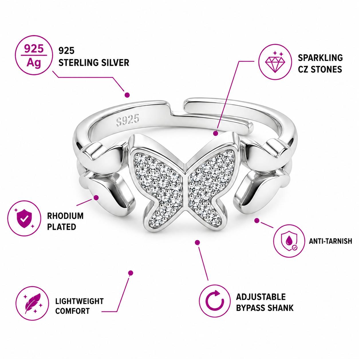 925 Sterling Silver Butterfly Cz Adjustable Ring - Image 6