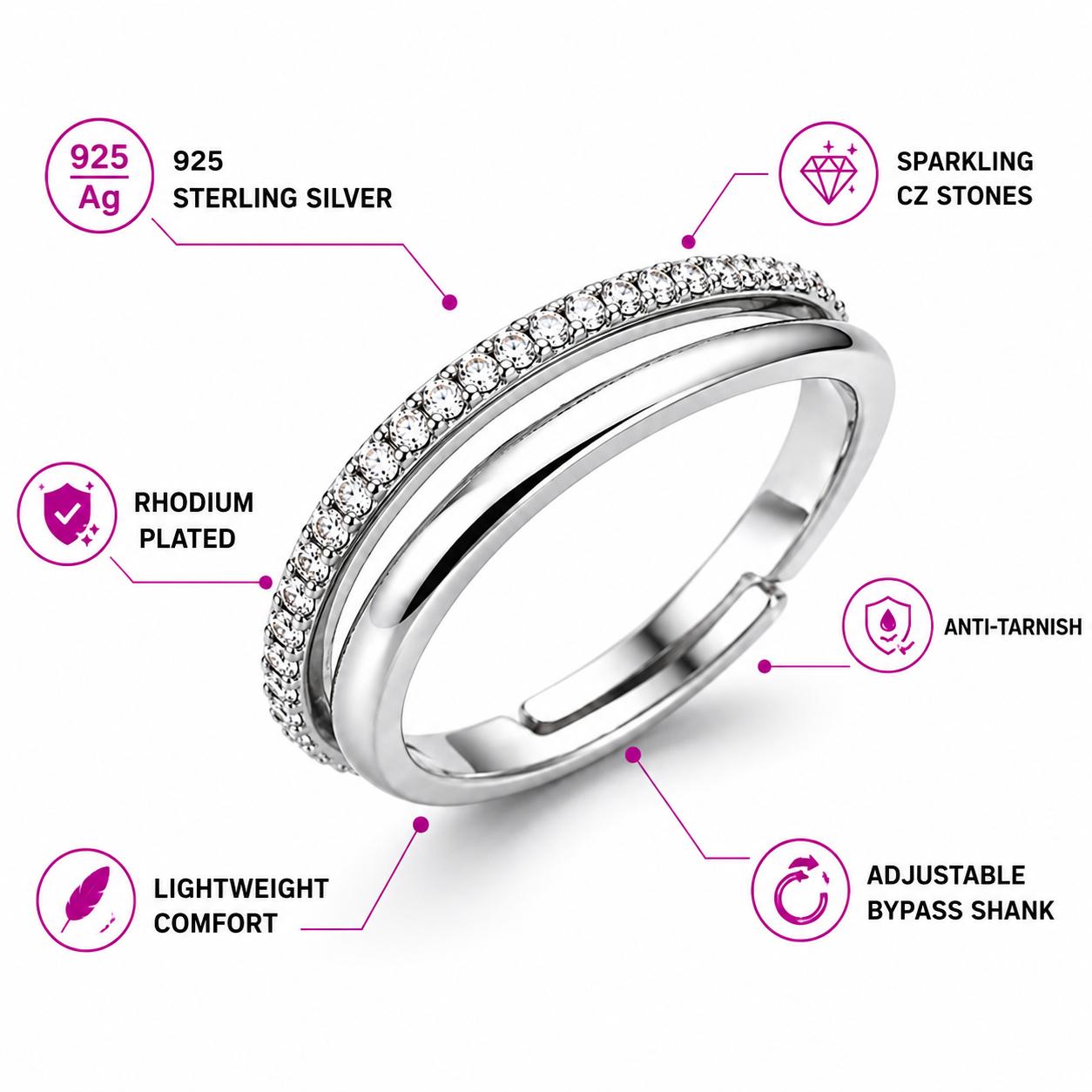 925 Sterling Silver Minimal Dual Band Cz Adjustable Ring - Image 6