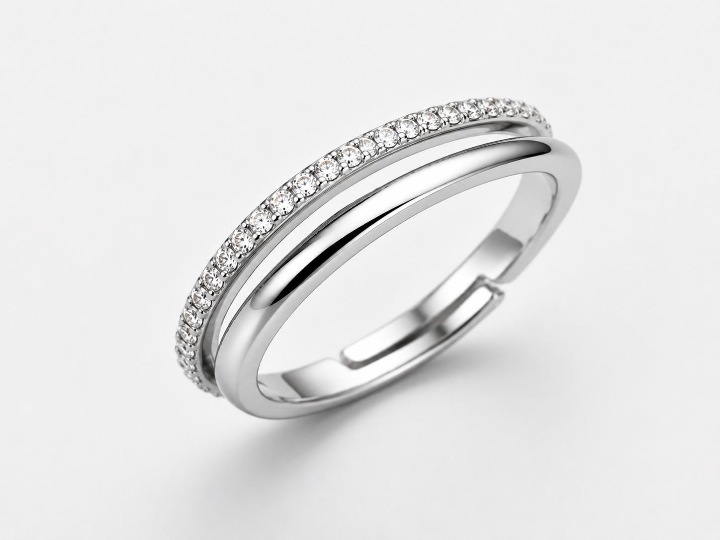 925 Sterling Silver Minimal Dual Band Cz Adjustable Ring - Image 3