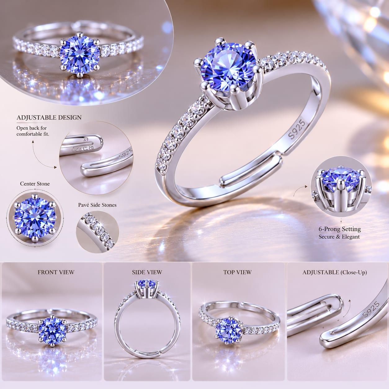 925 Sterling Silver Blue Solitaire Cz Adjustable Ring - Image 7