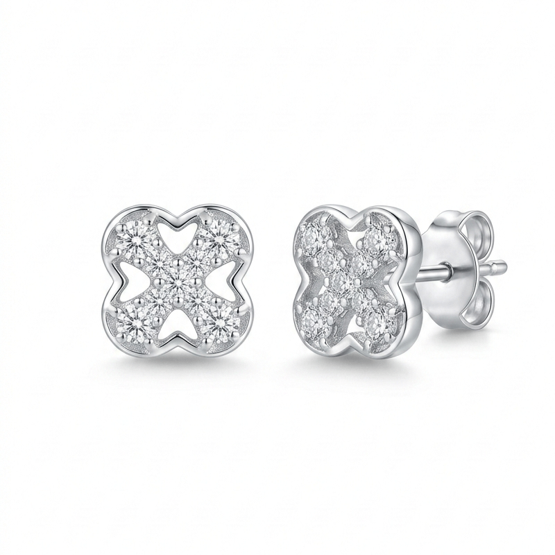 925 Sterling Silver Finish Crystal Clover Stud Earring