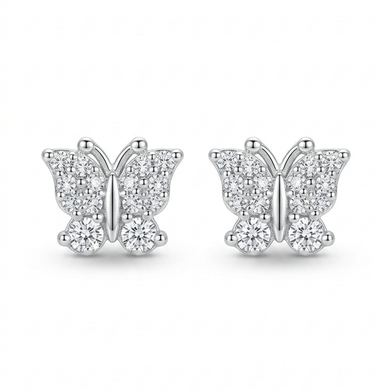 925 Sterling Silver Finish Crystal Mini-Butterfly Stud Earring