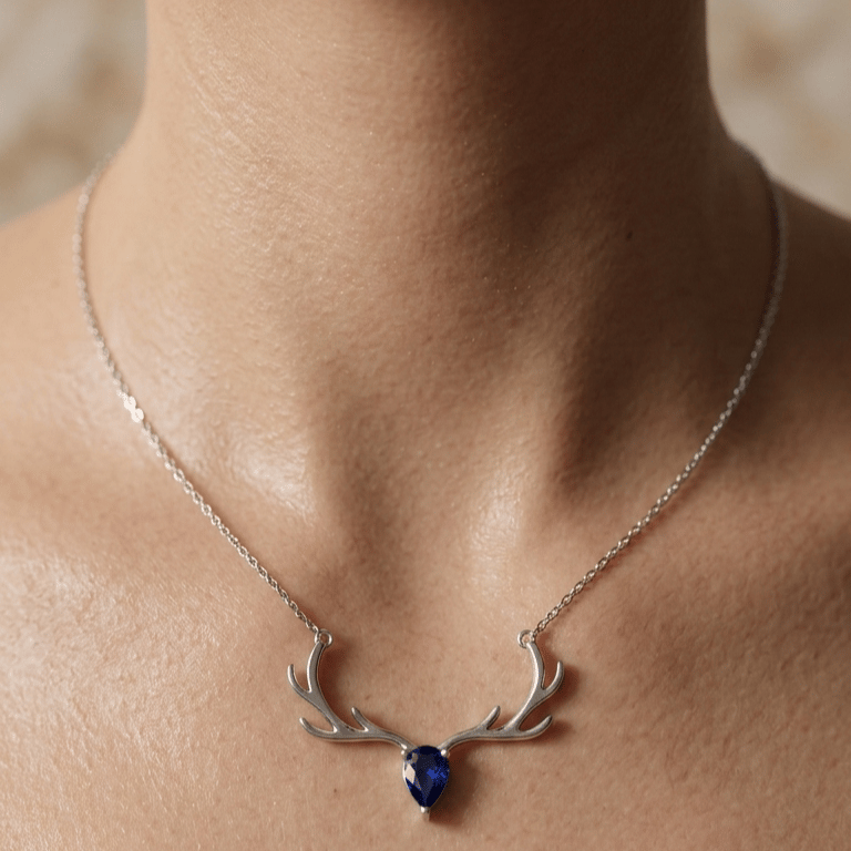 925 Sterling Silver Majestic Deer Antler Blue Stone Jewellery Necklace With Chain - Image 4