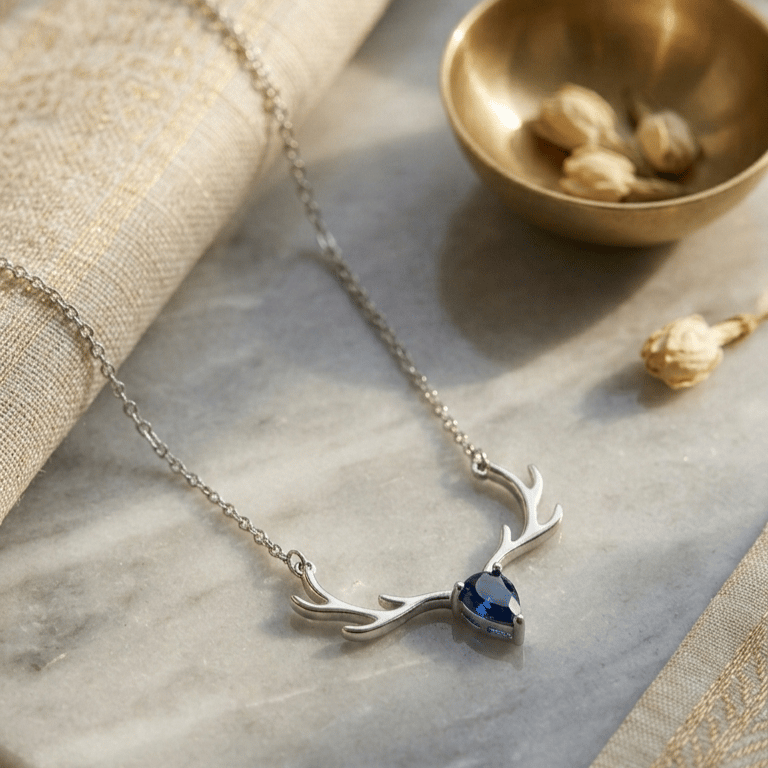 925 Sterling Silver Majestic Deer Antler Blue Stone Jewellery Necklace With Chain