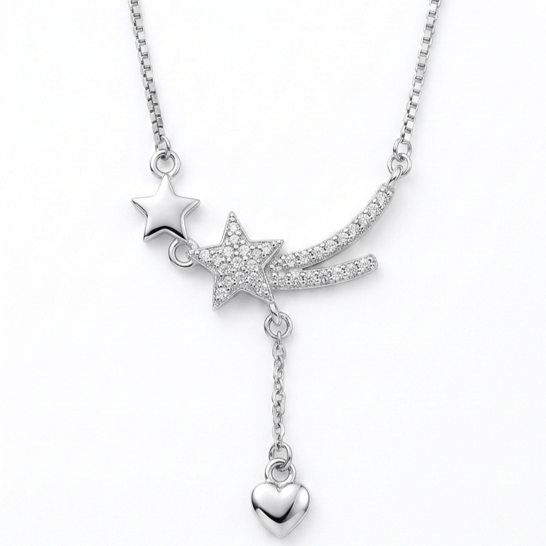 925 Sterling Silver Finish Crystal Star Drop Necklace With Chain