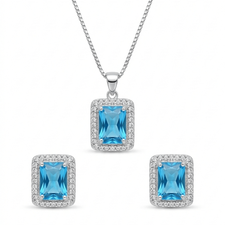 925 Sterling Silver Blue Stone Necklace Set