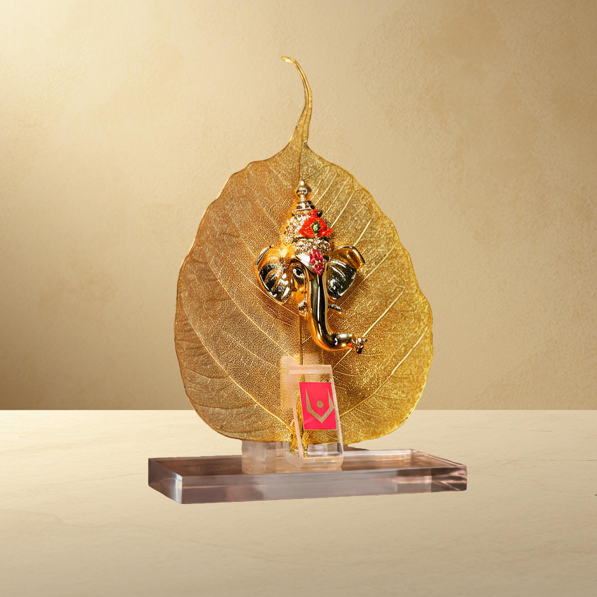 Divya Ganesha Peepal Leaf 999 Silver Plated (golden Tone) Spiritual Showpiece - Image 6