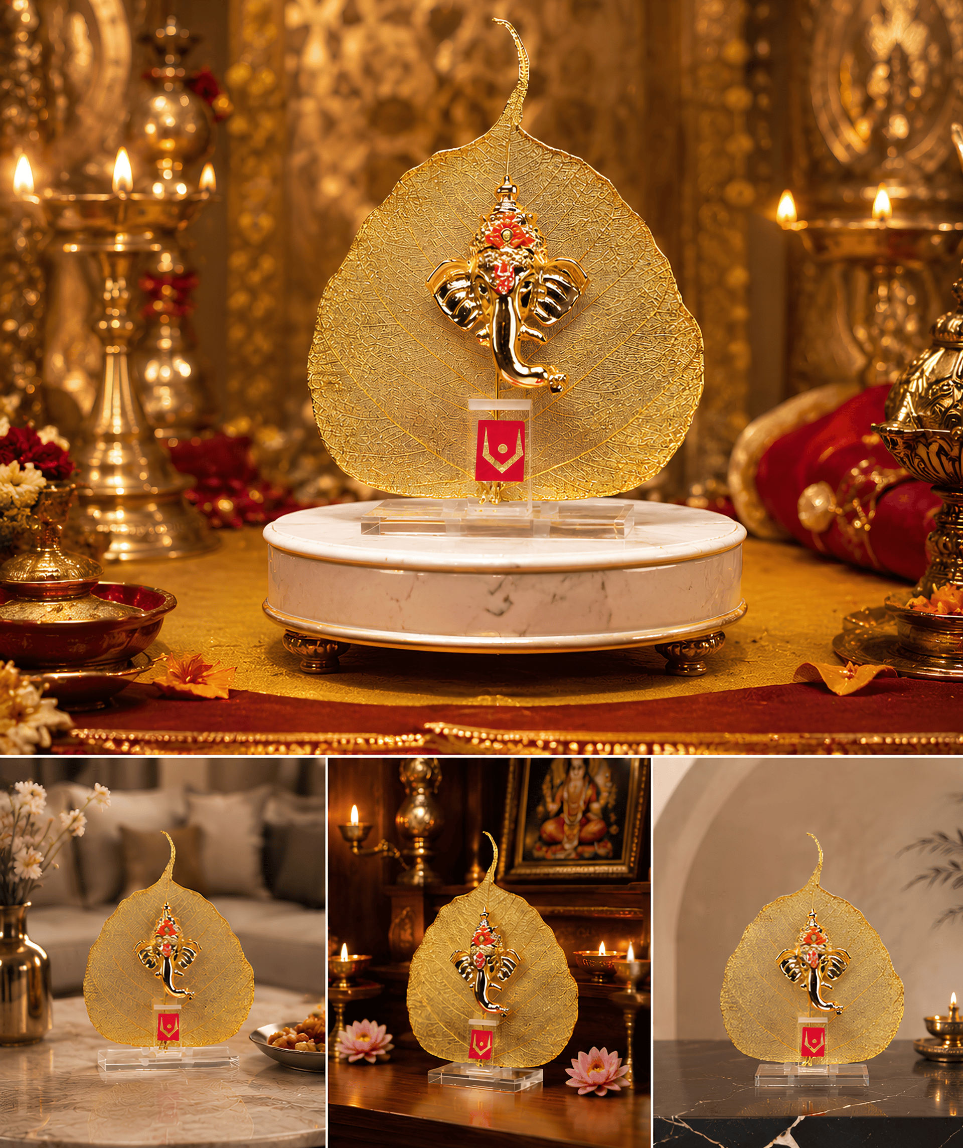 Divya Ganesha Peepal Leaf 999 Silver Plated (golden Tone) Spiritual Showpiece - Image 4