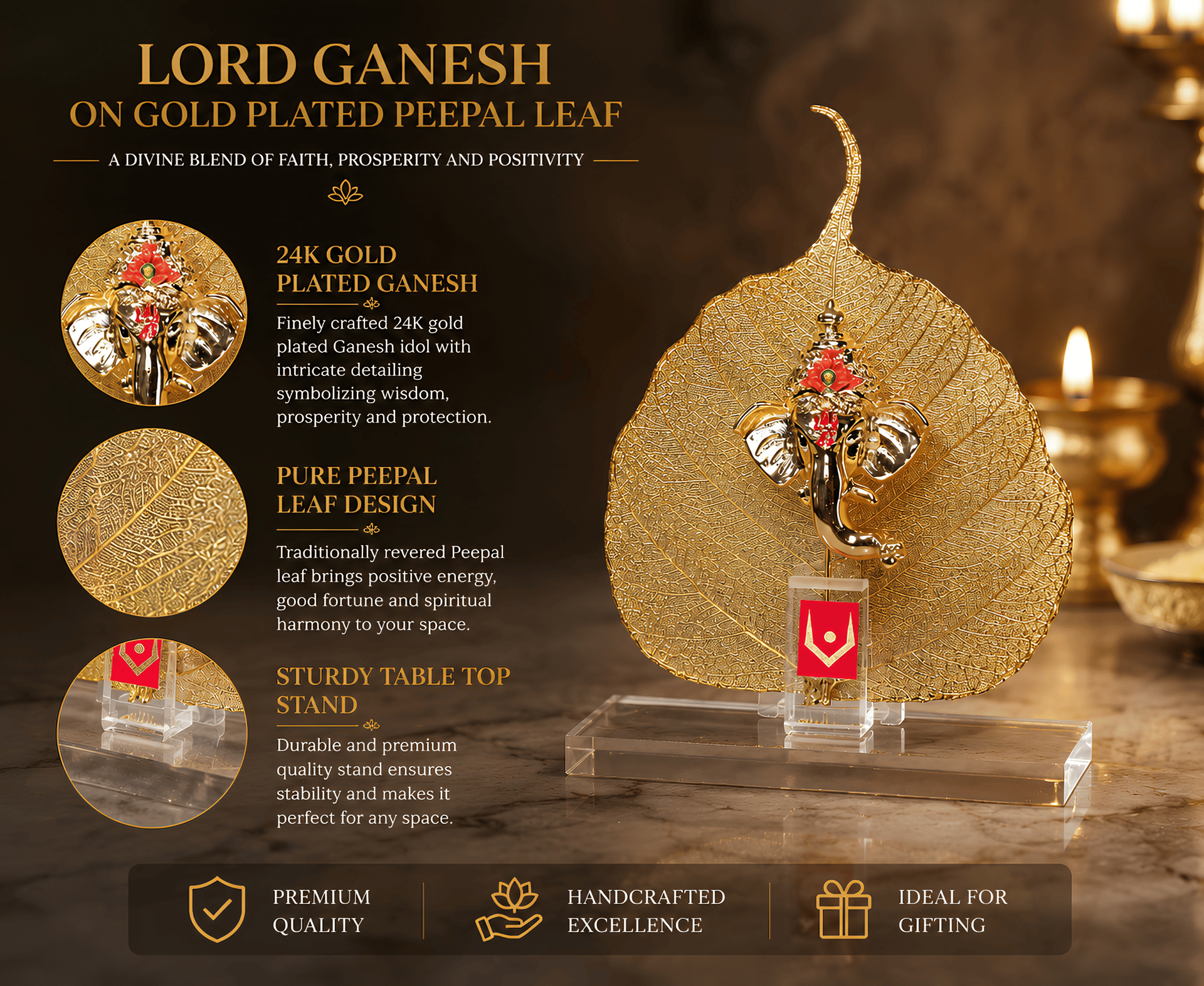 Divya Ganesha Peepal Leaf 999 Silver Plated (golden Tone) Spiritual Showpiece - Image 7