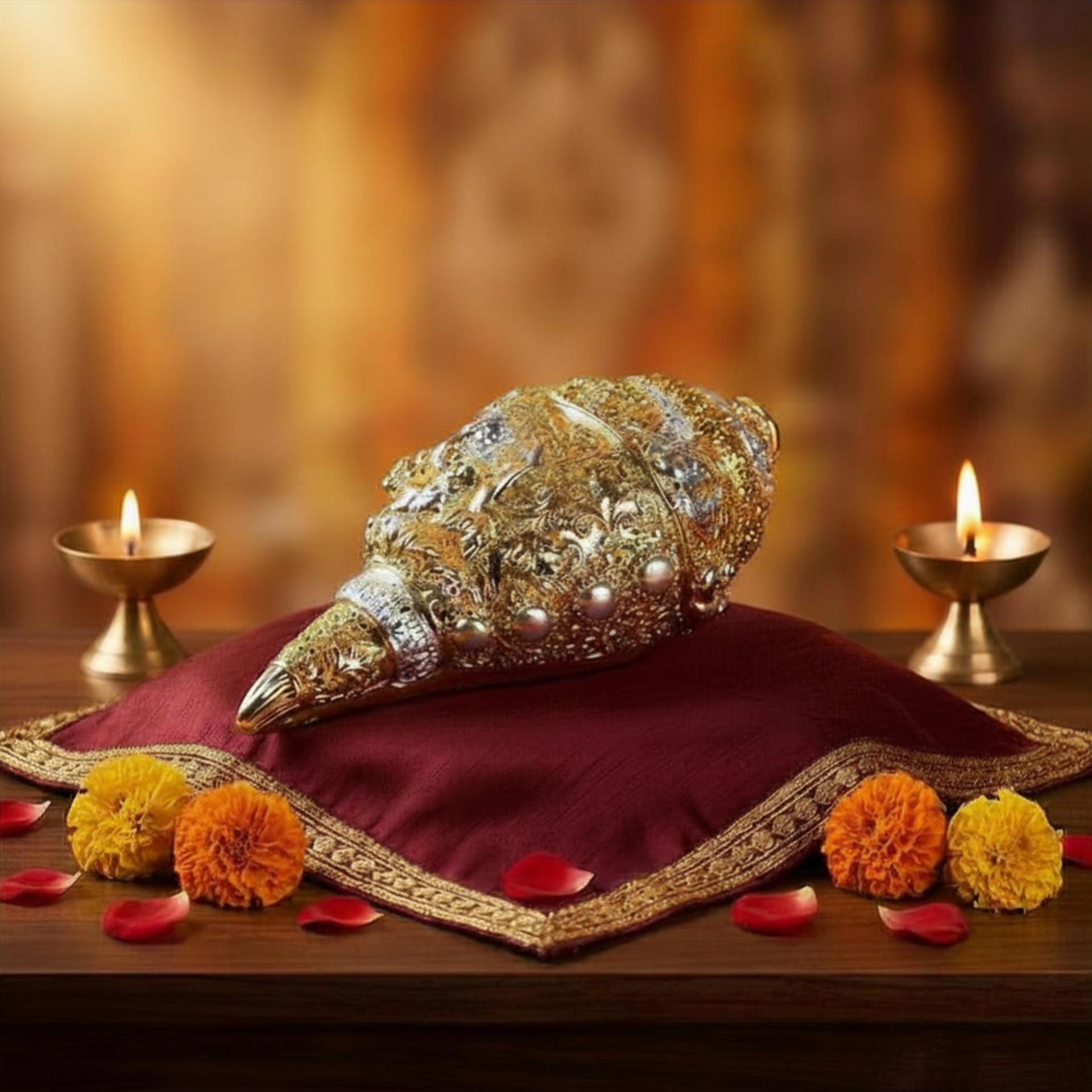 24k Gold And 999 Silver Divya Sacred Shankh Conch Decorative Idol - Image 5