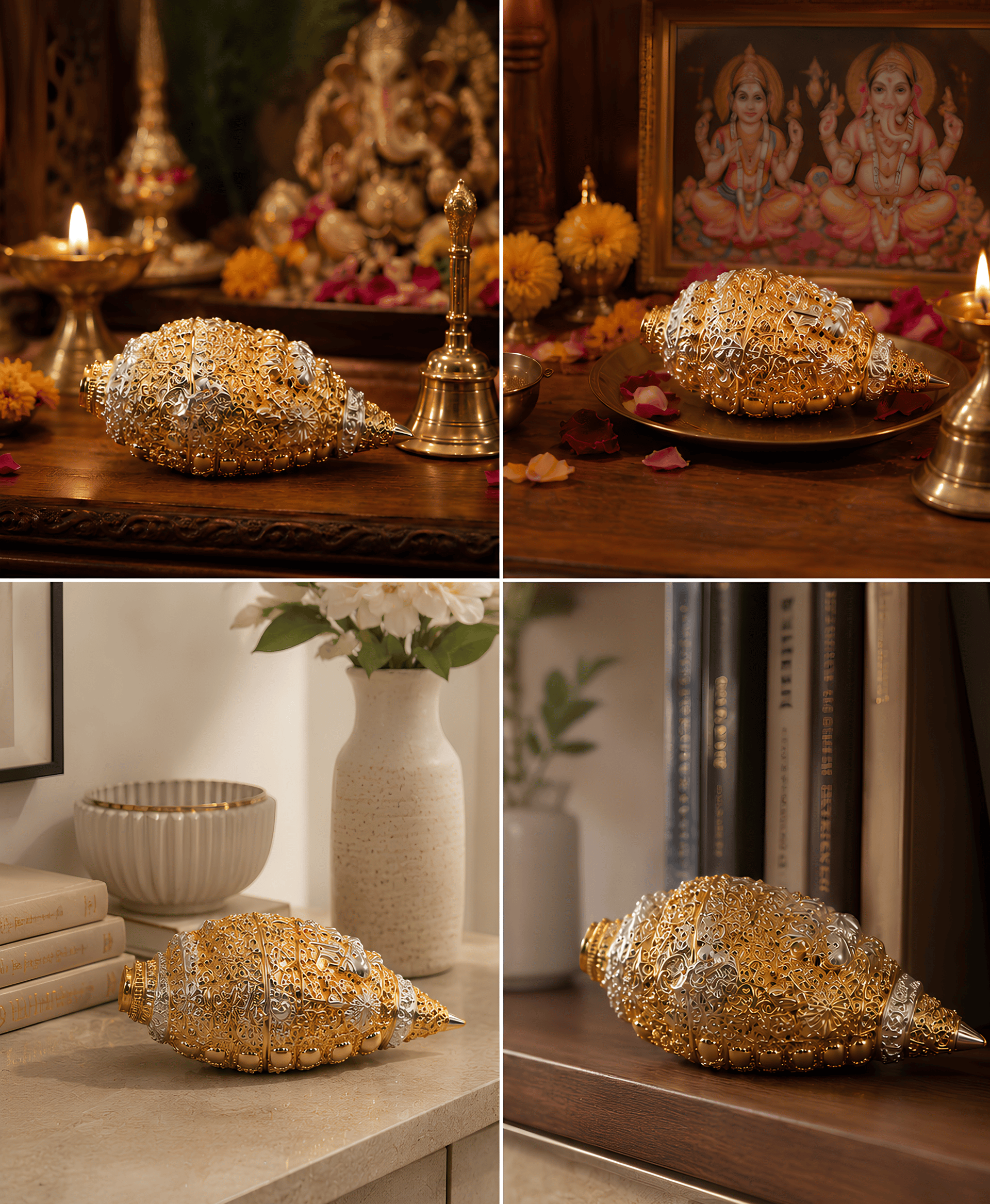24k Gold And 999 Silver Divya Sacred Shankh Conch Decorative Idol - Image 4