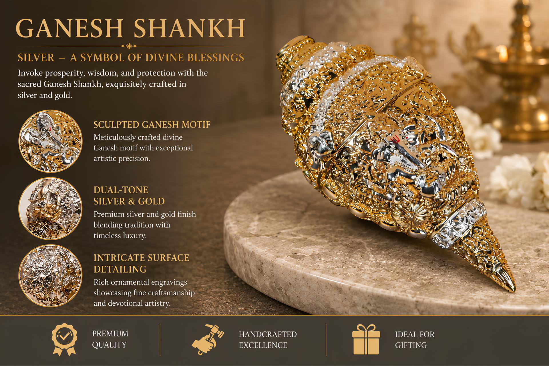 24k Gold And 999 Silver Divya Sacred Shankh Conch Decorative Idol - Image 7