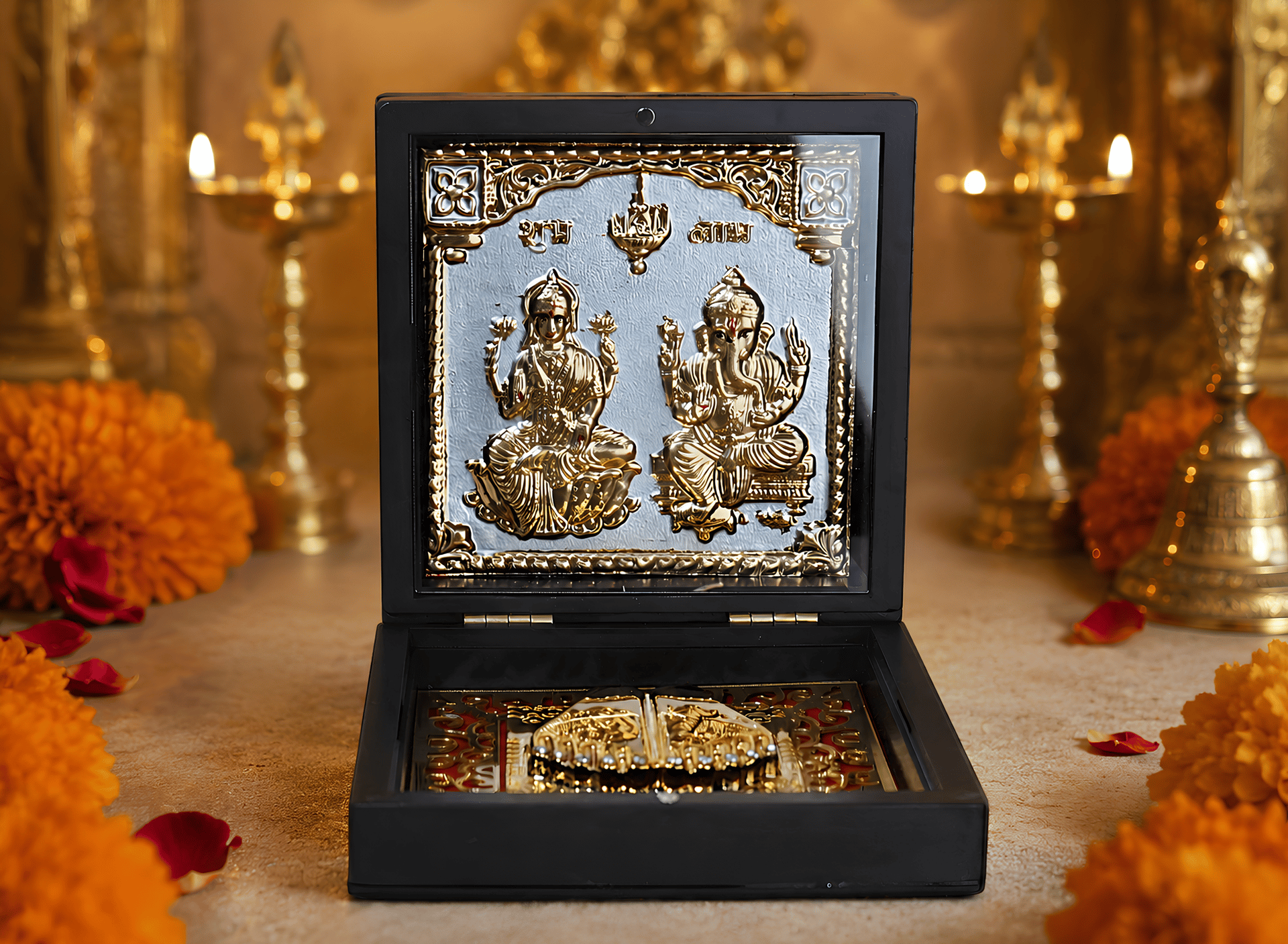 Divya Lakshmi Ganesha Charan Paduka 999 Silver Plated (golden Tone) Pooja Box - Image 6