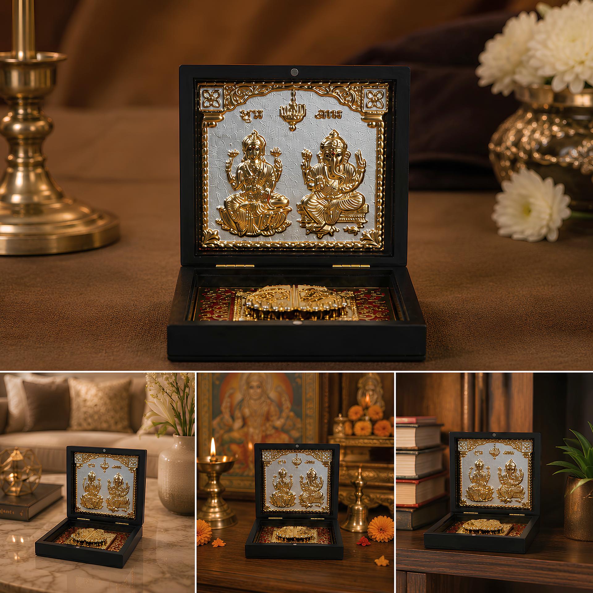Divya Lakshmi Ganesha Charan Paduka 999 Silver Plated (golden Tone) Pooja Box - Image 5