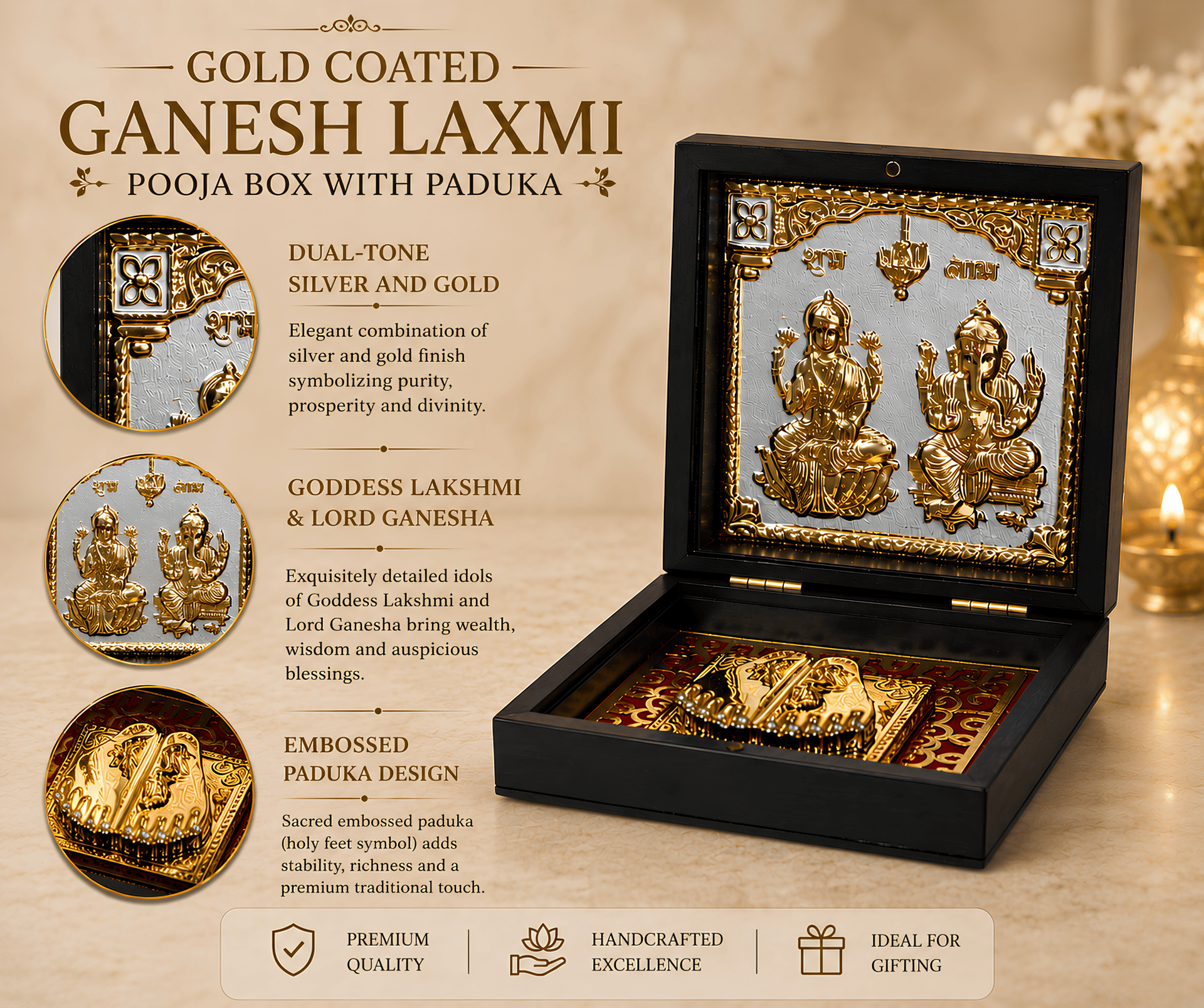 Divya Lakshmi Ganesha Charan Paduka 999 Silver Plated (golden Tone) Pooja Box - Image 8