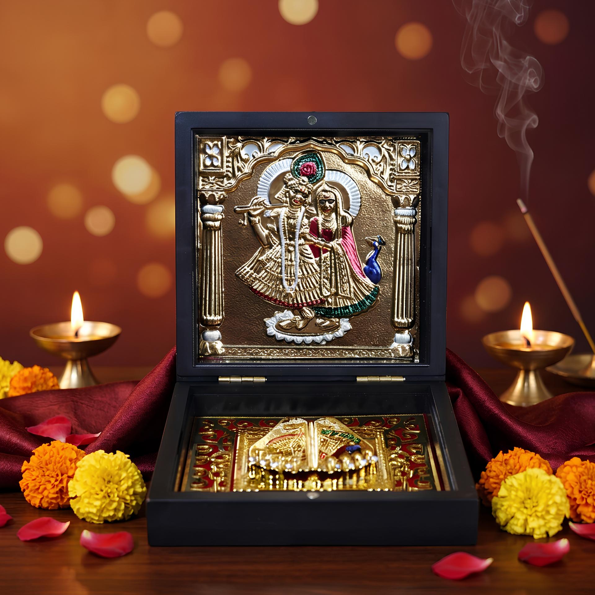 Divya Radha Krishna Charan Paduka 999 Silver Plated (golden Tone) Pooja Box - Image 7