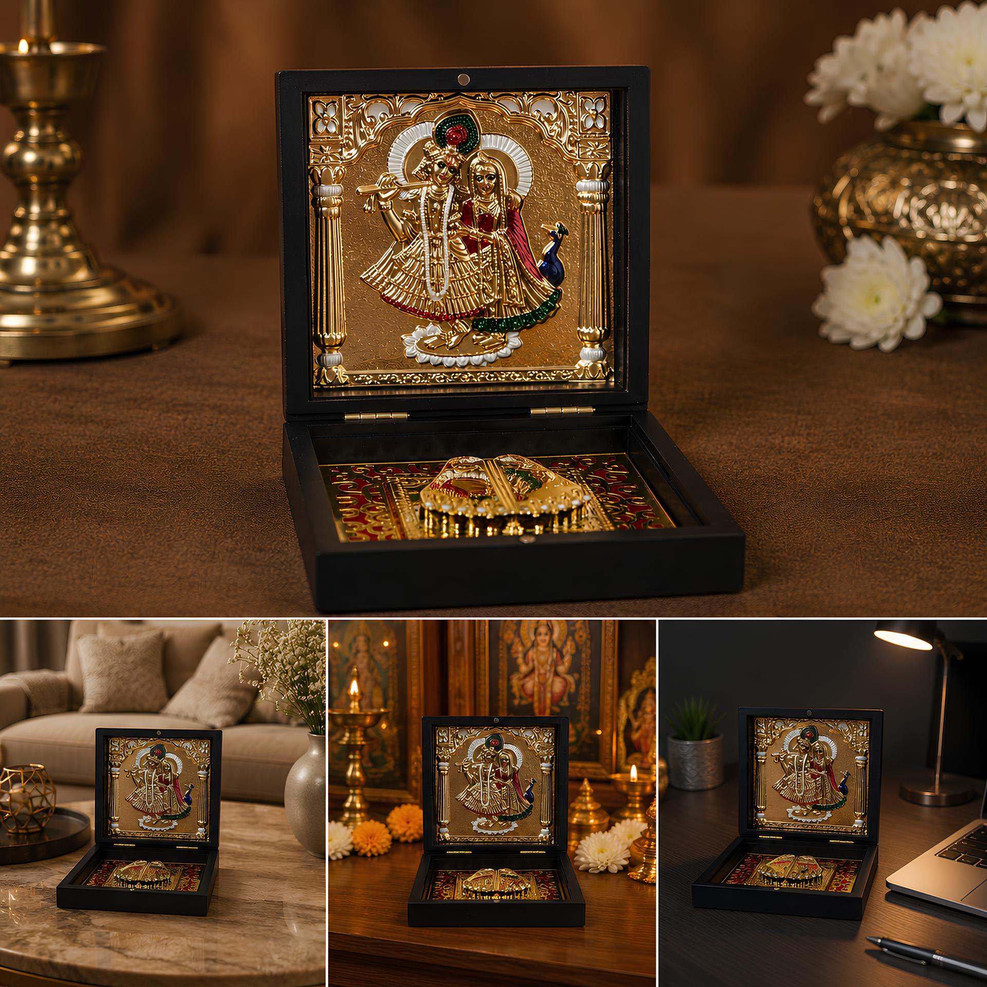 Divya Radha Krishna Charan Paduka 999 Silver Plated (golden Tone) Pooja Box - Image 5