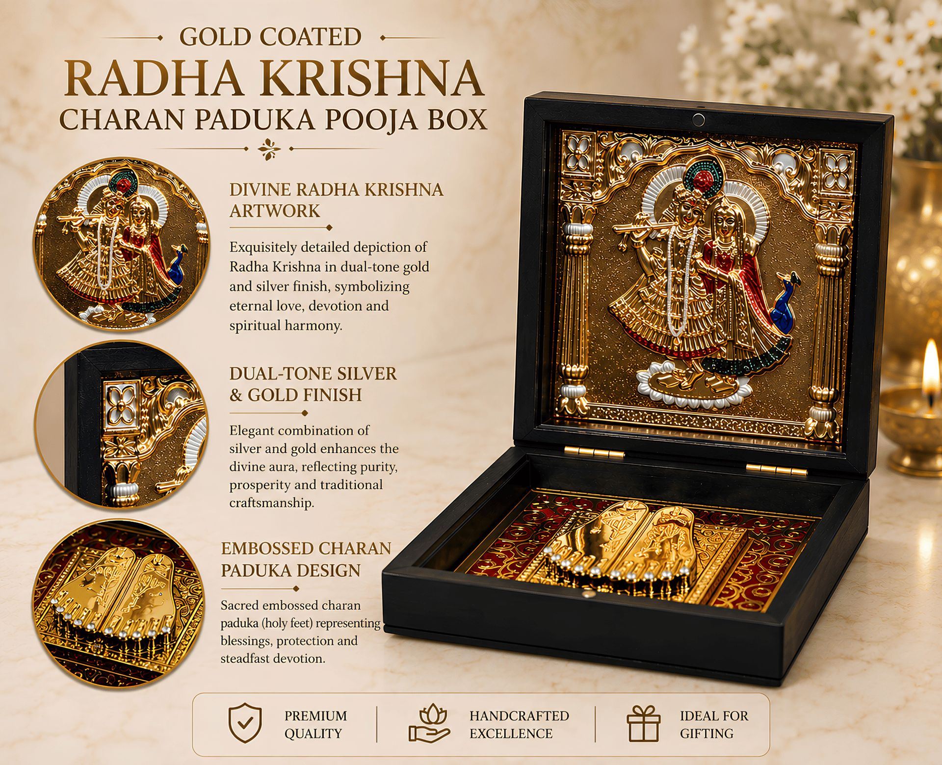 Divya Radha Krishna Charan Paduka 999 Silver Plated (golden Tone) Pooja Box - Image 8