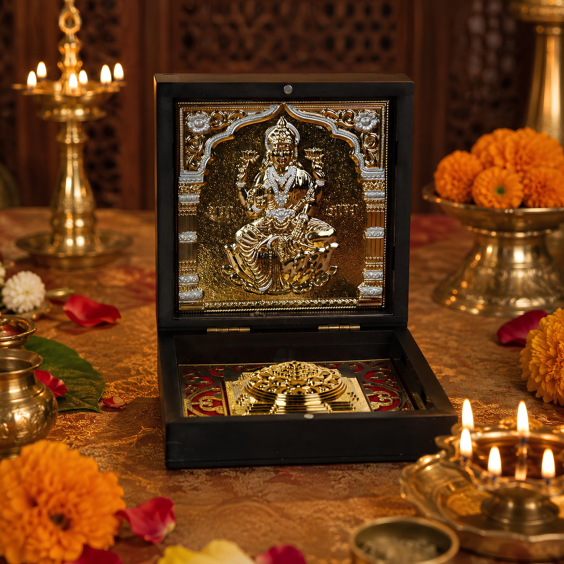 Divya Mahalakshmi Charan Paduka 999 Silver Plated (golden Tone) Pooja Box