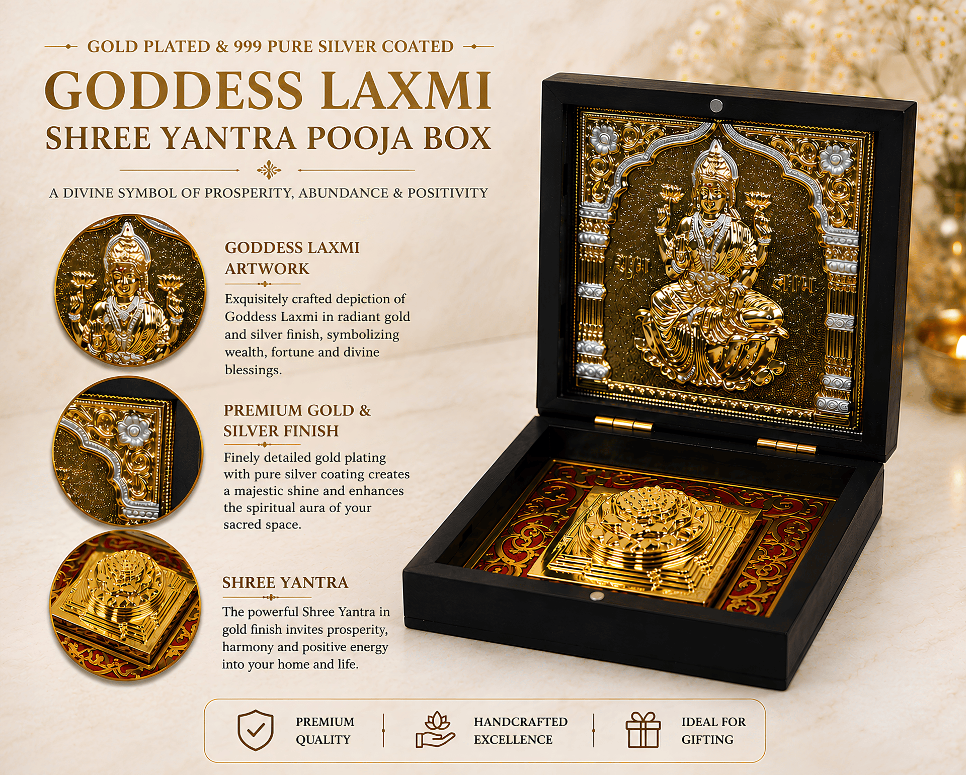 Divya Mahalakshmi Charan Paduka 999 Silver Plated (golden Tone) Pooja Box - Image 7