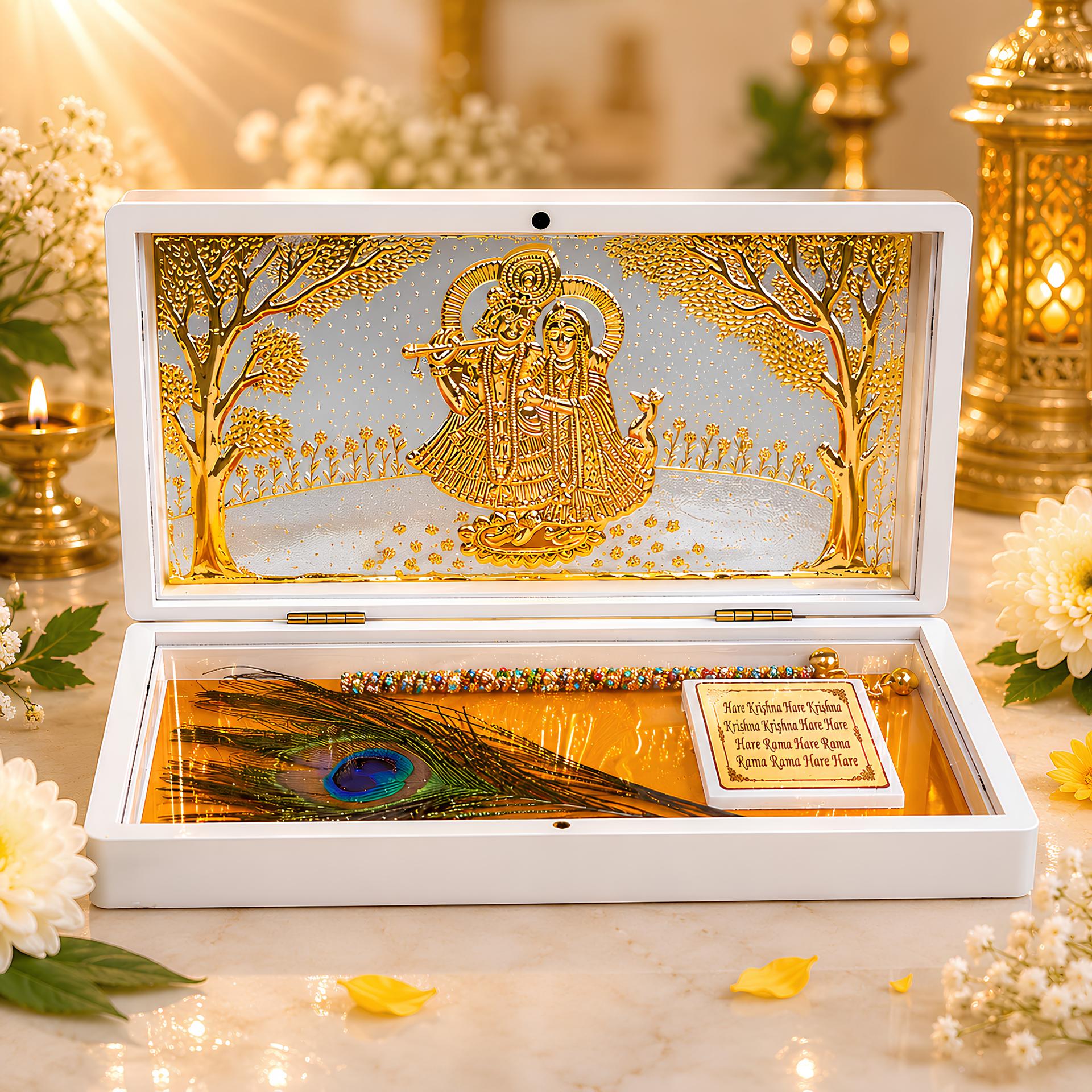 Divya Radha Krishna Morpankh Mantra Box 999 Silver Plated (golden Tone) Devotional Keepsake - Image 5