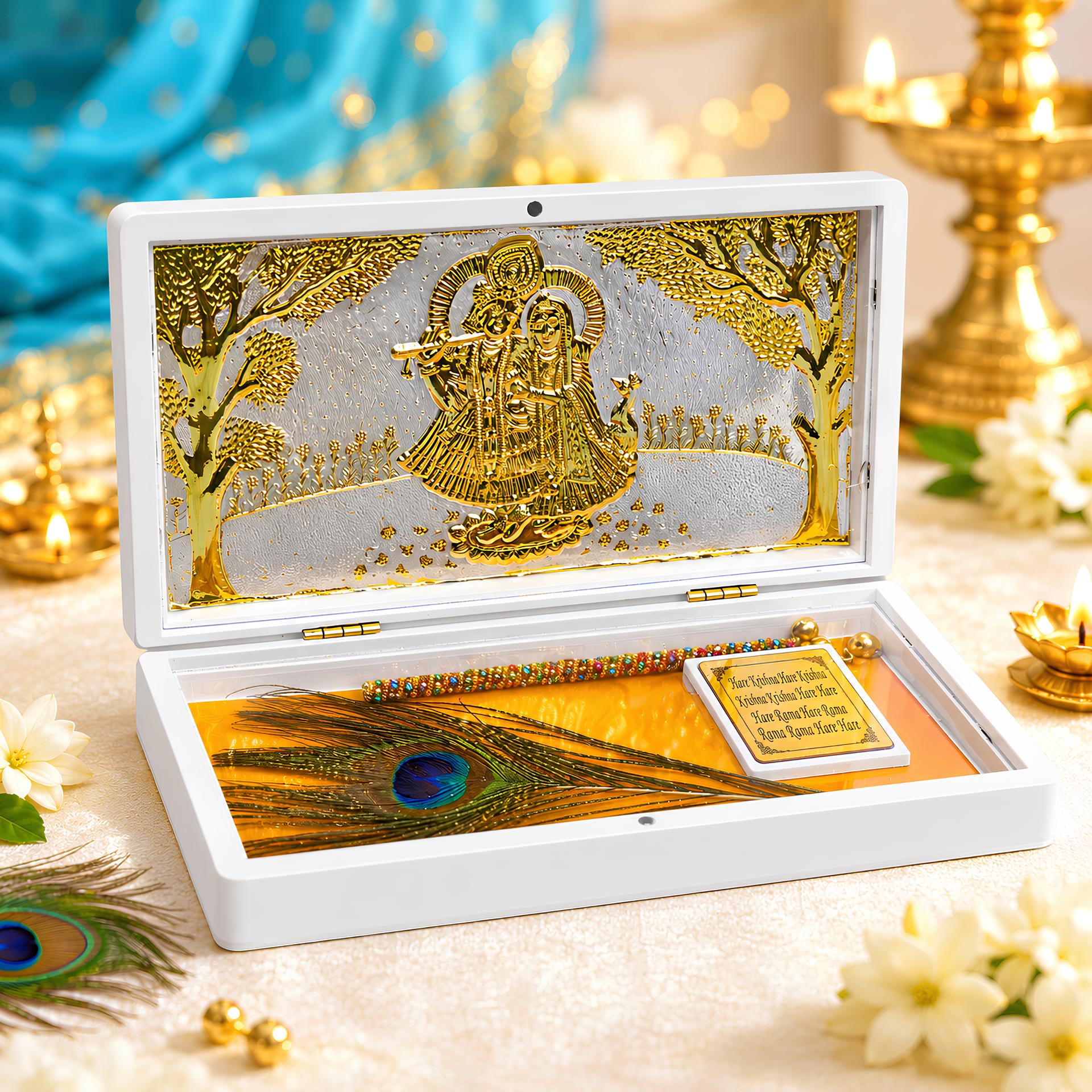 Divya Radha Krishna Morpankh Mantra Box 999 Silver Plated (golden Tone) Devotional Keepsake - Image 4