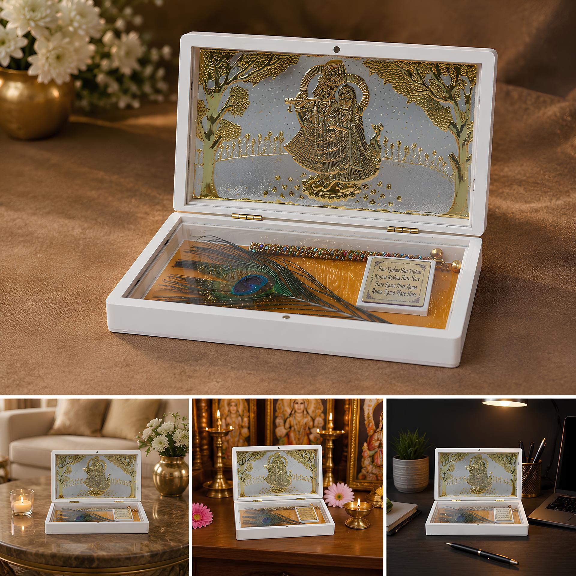 Divya Radha Krishna Morpankh Mantra Box 999 Silver Plated (golden Tone) Devotional Keepsake - Image 3