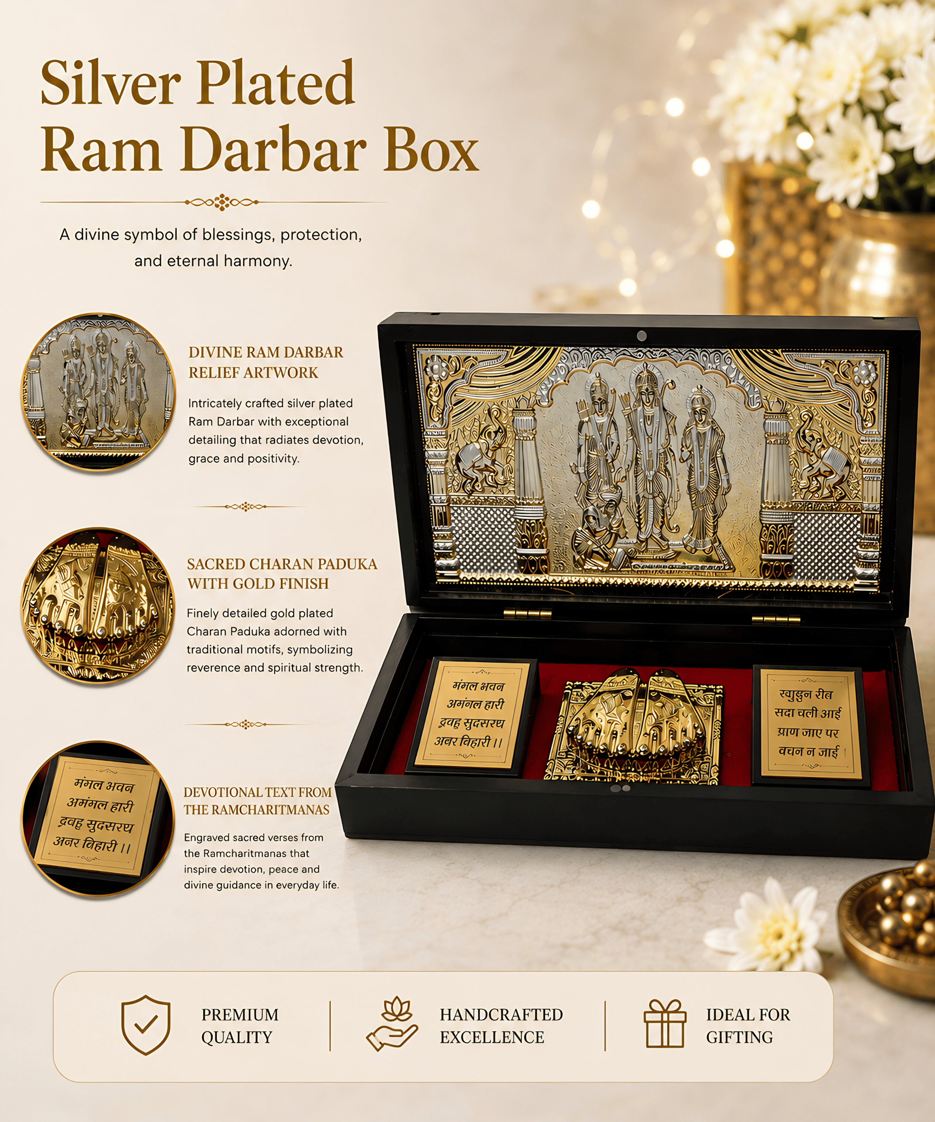 Jai Shree Ram Charan Paduka 999 Silver Plated (golden Tone) Pooja Box - Image 7