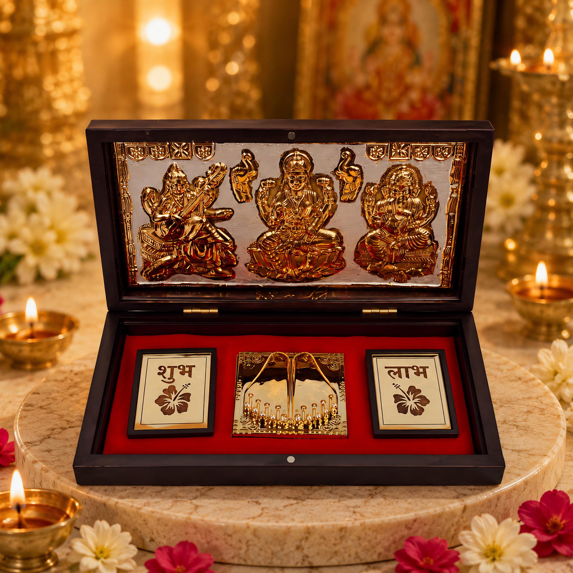 Lakshmi Ganesha Saraswati Charan Paduka 999 Silver Plated (golden Tone) Pooja Box - Image 5