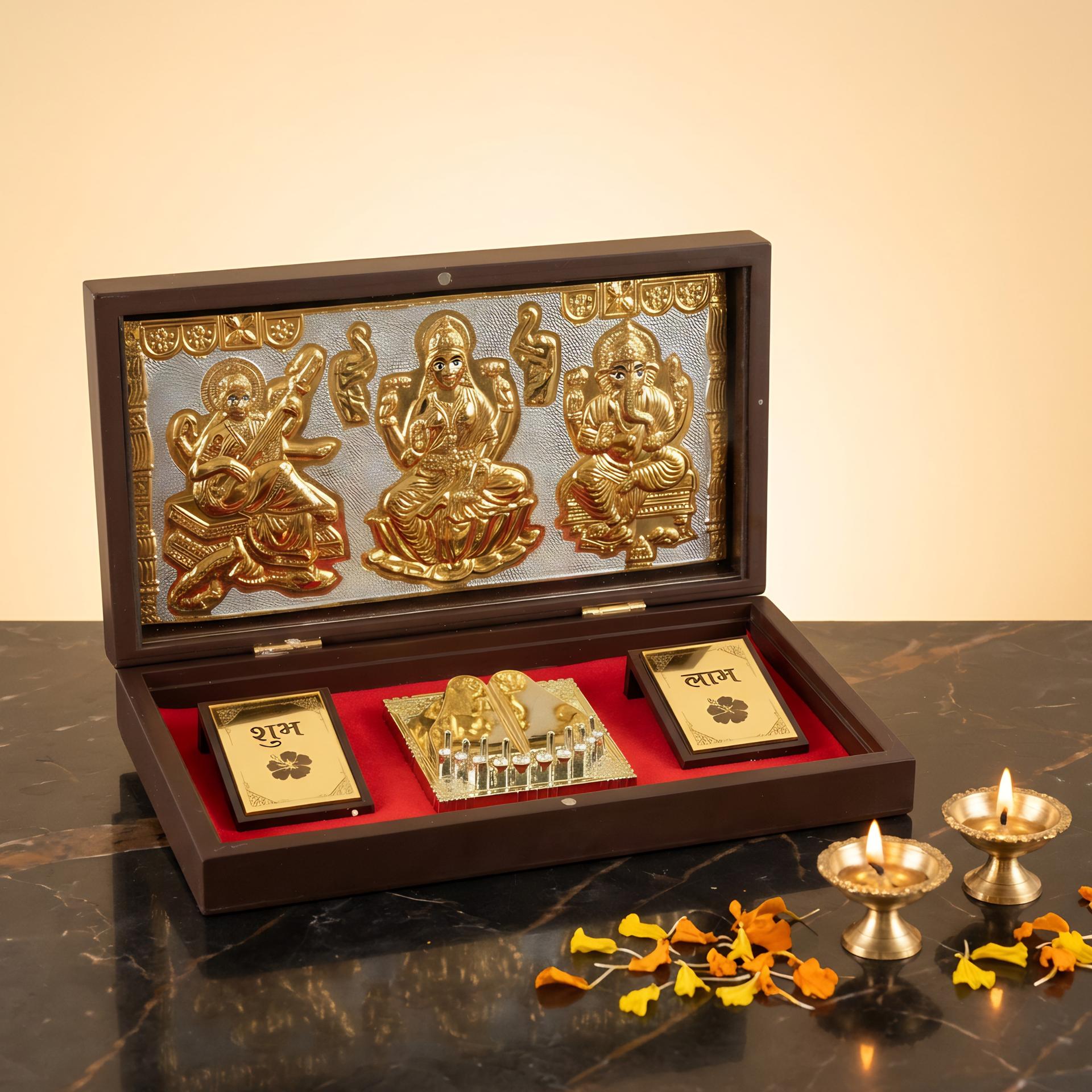 Lakshmi Ganesha Saraswati Charan Paduka 999 Silver Plated (golden Tone) Pooja Box