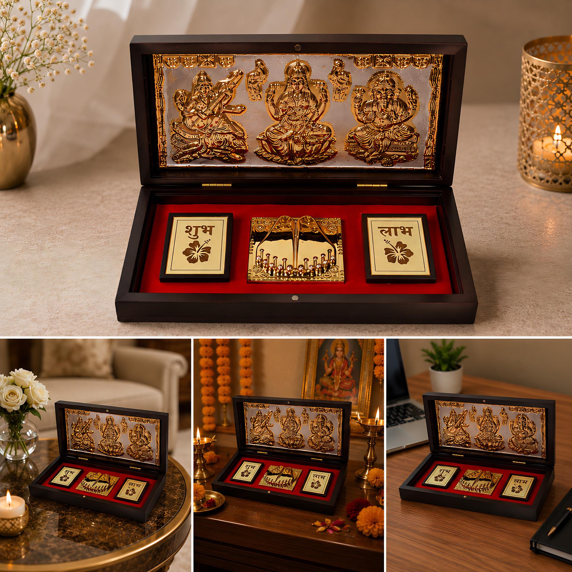 Lakshmi Ganesha Saraswati Charan Paduka 999 Silver Plated (golden Tone) Pooja Box - Image 3