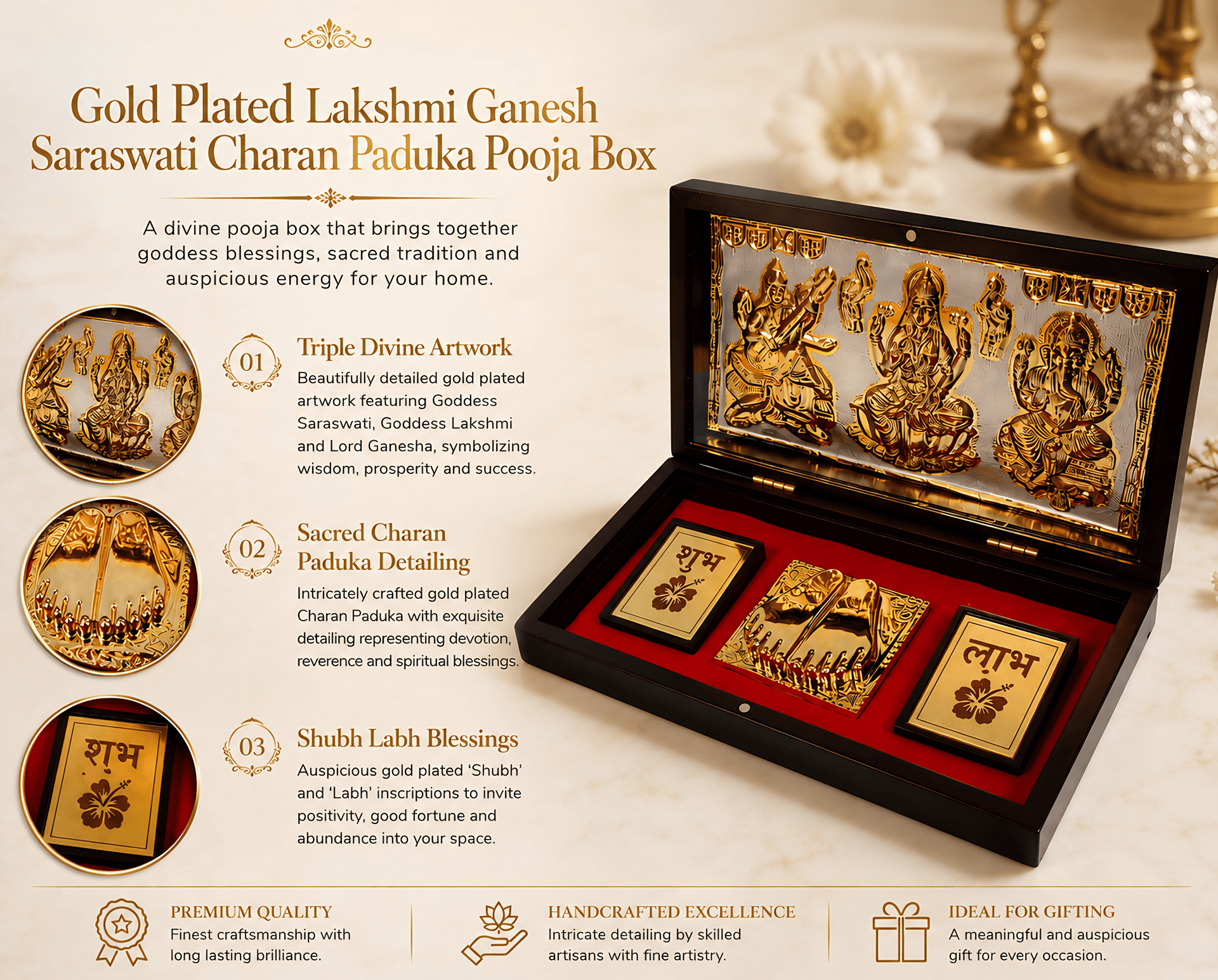 Lakshmi Ganesha Saraswati Charan Paduka 999 Silver Plated (golden Tone) Pooja Box - Image 7