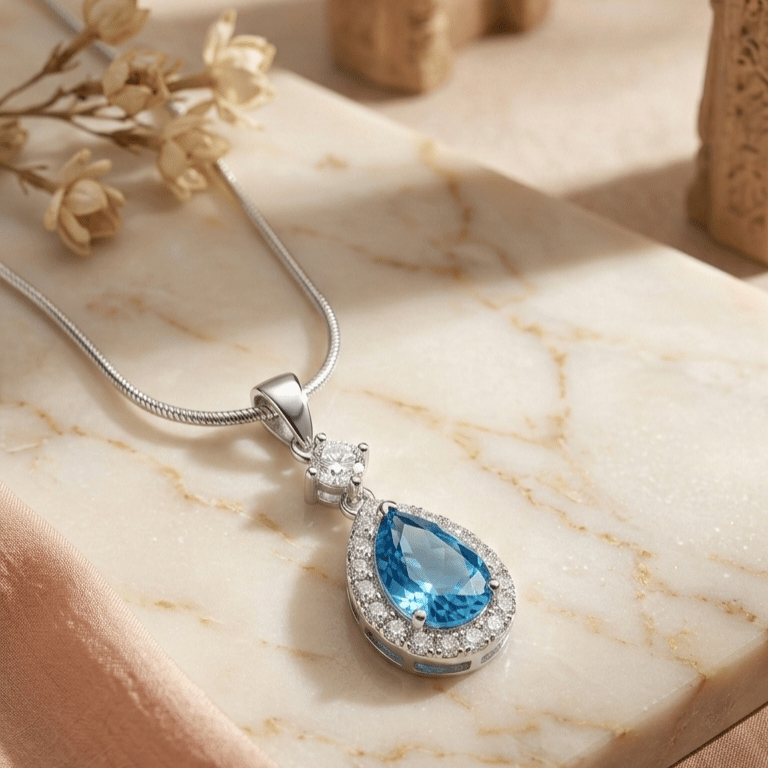 925 Sterling Silver Azure Teardrop Halo Pendant With Chain