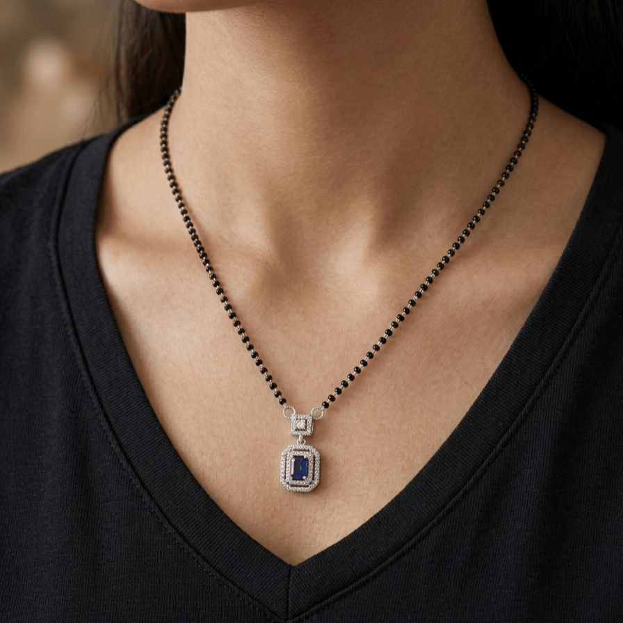 925 Sterling Silver Blue Sapphire Octagon Mangalsutra - Image 5