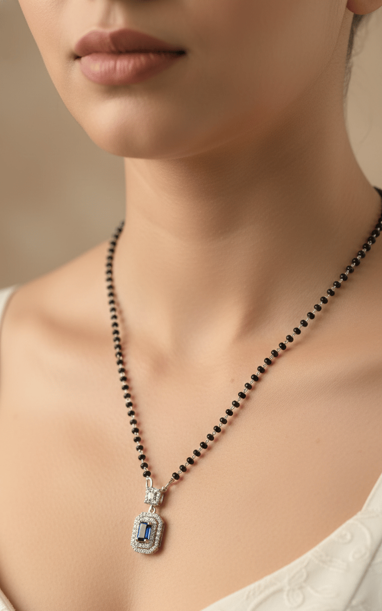 925 Sterling Silver Blue Sapphire Octagon Mangalsutra - Image 4