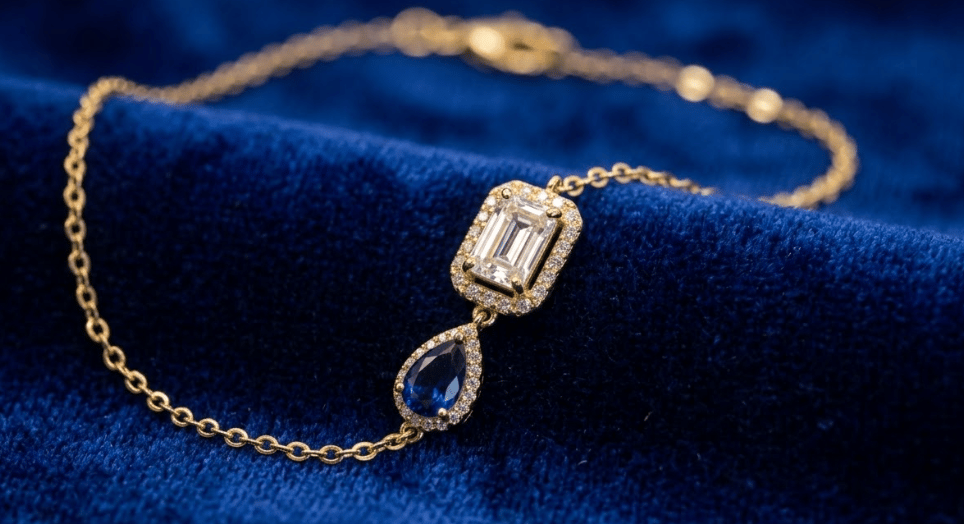 925 Sterling Silver With 22k Gold Royal Sapphire Halo Drop Bracelet - Image 3