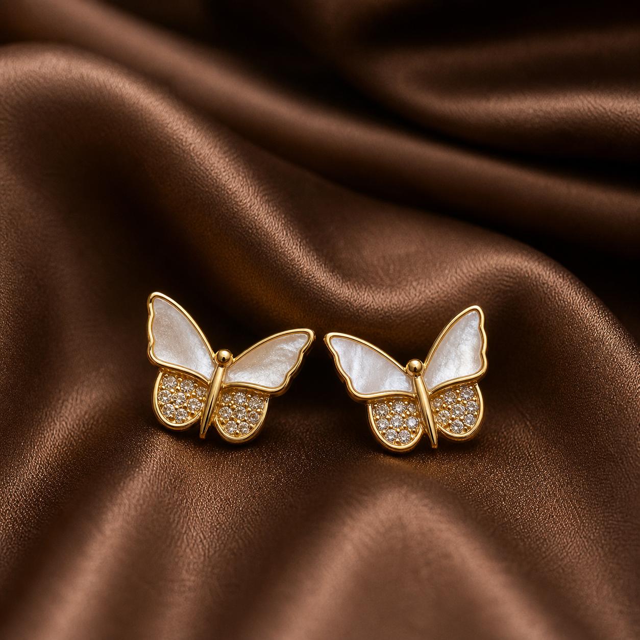 925 Sterling Silver With 22k Gold Plated Butterfly Mother Of Pearl Stud Earrings