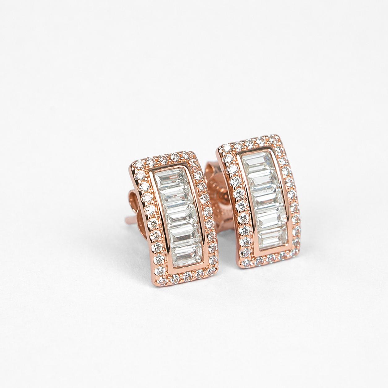 Rose Gold Baguette Zircon Stud Earrings With 925 Sterling Silver - Image 2