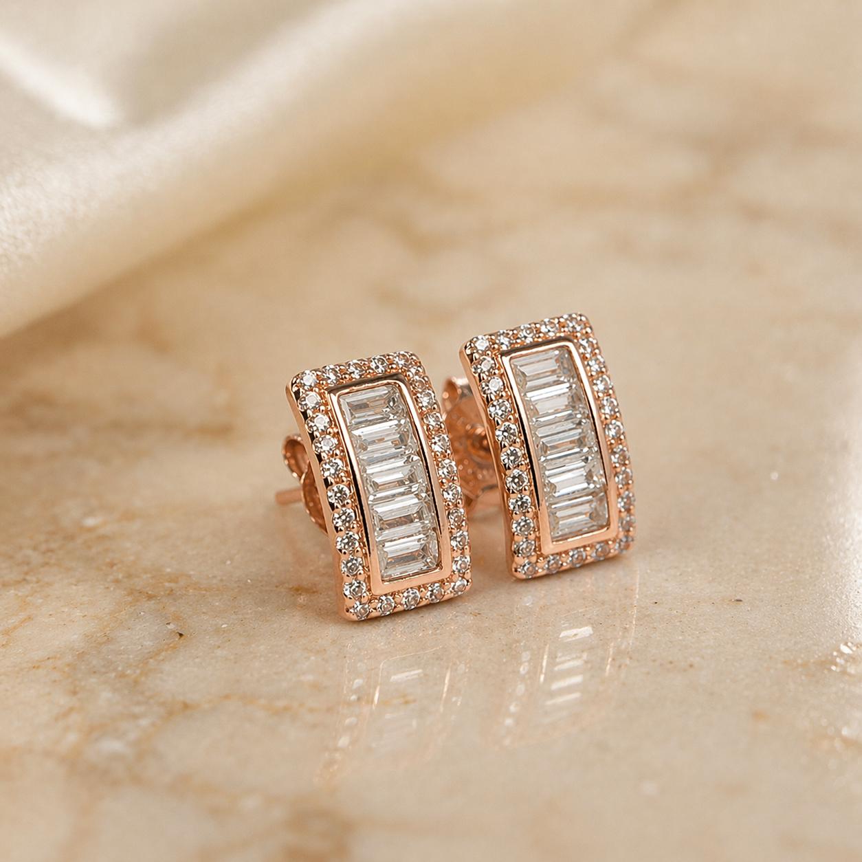 Rose Gold Baguette Zircon Stud Earrings With 925 Sterling Silver