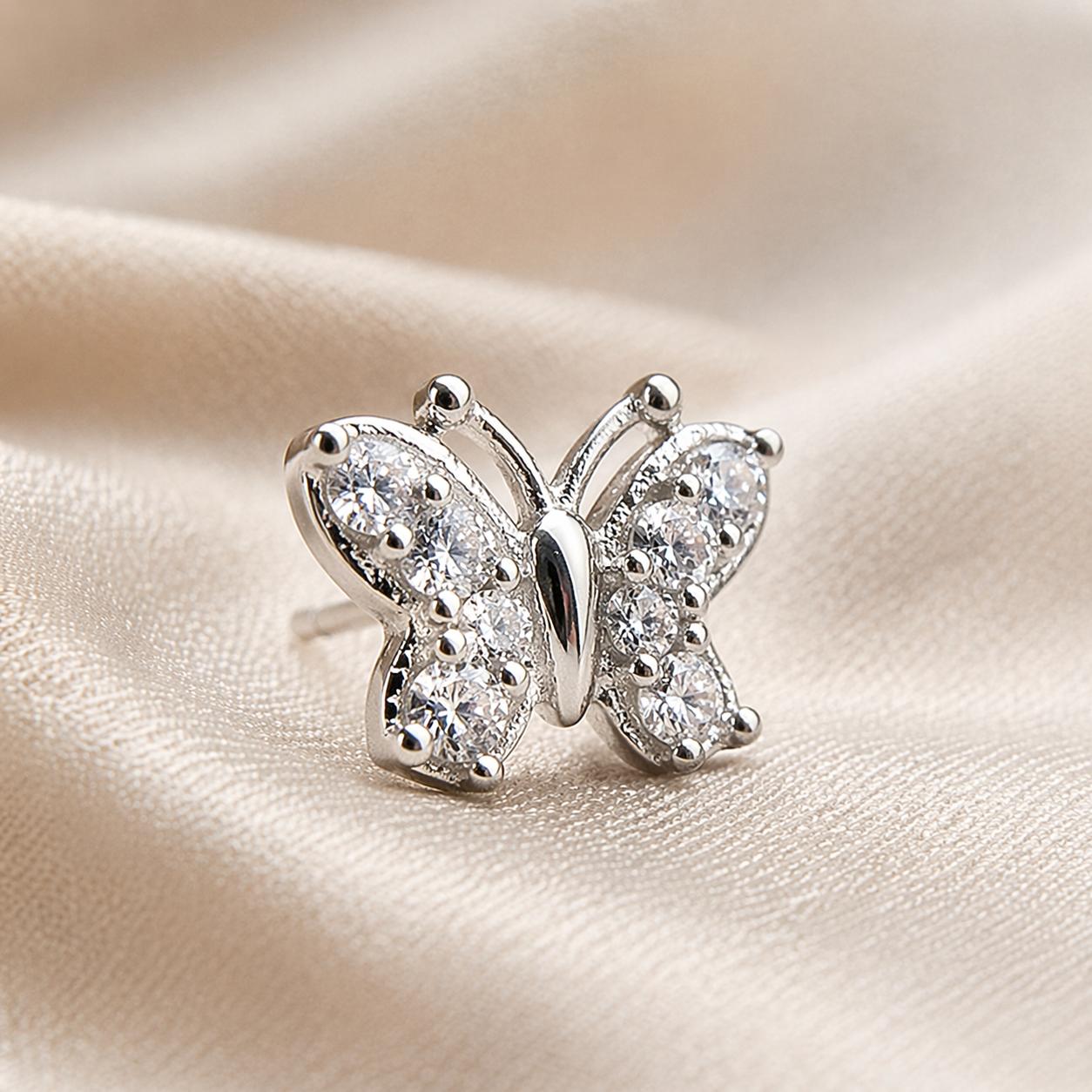 925 Sterling Silver Finish Crystal Butterfly  Stud Earring