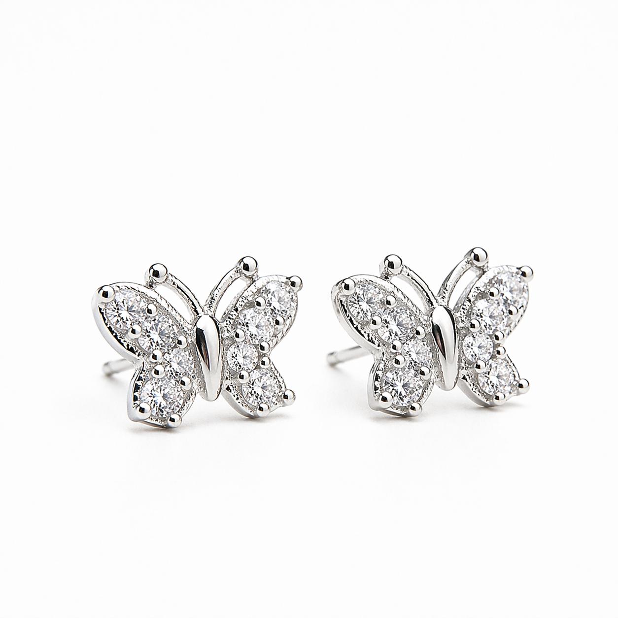 925 Sterling Silver Finish Crystal Butterfly  Stud Earring