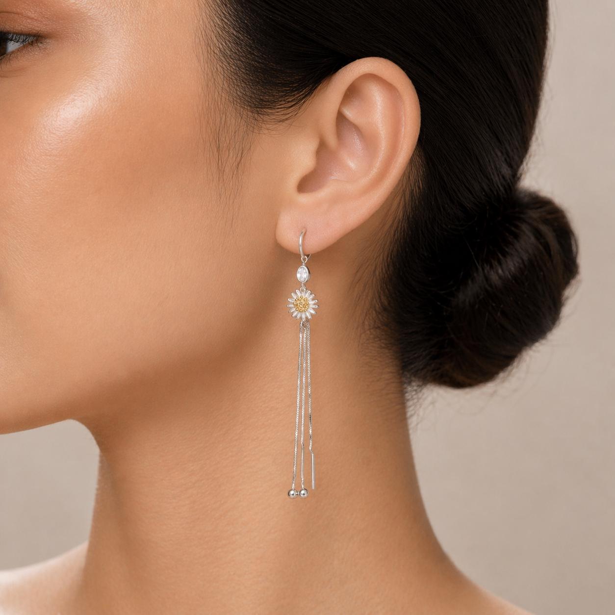 925 Sterling Silver Finish Solaria Sunflower Chain Drop Earring - Image 3